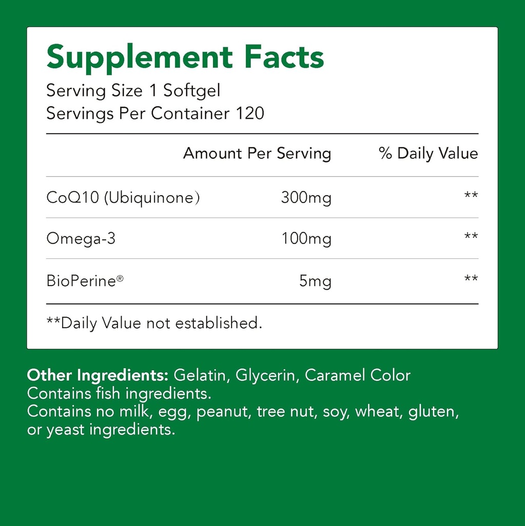 Suplementy, Ubichinon CoQ10 (Koenzym Q10) 300 mg, BioPerine (5 mg) 124; Wspiera zdrowie serca, Energia i Wchłanianie (1 Butel- 120 Softgels- 2mo Supply) 124; Wysoka EPA i DHA 124; Nie-GMO, Gluten- Free