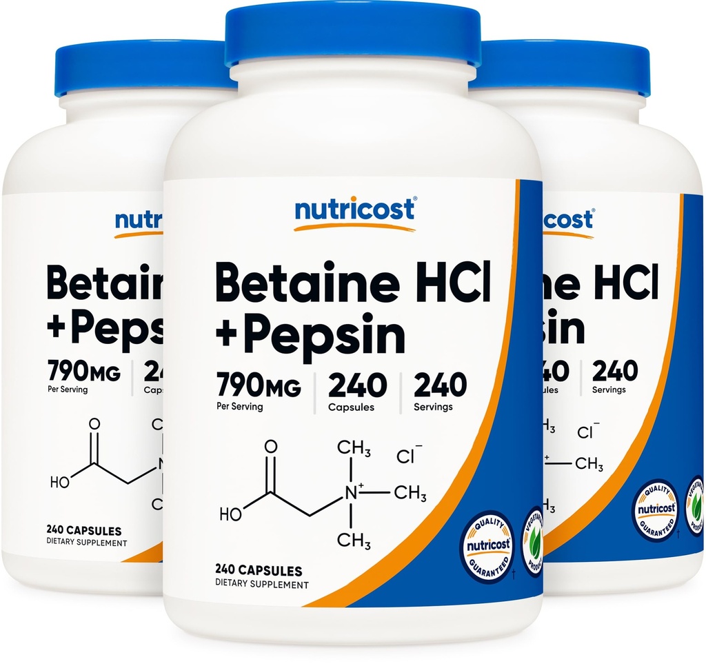 Nutricost Betaine HCl + Pepsyna 790mg, 240 kapsułek, 3 butelki (720 kapsułek)