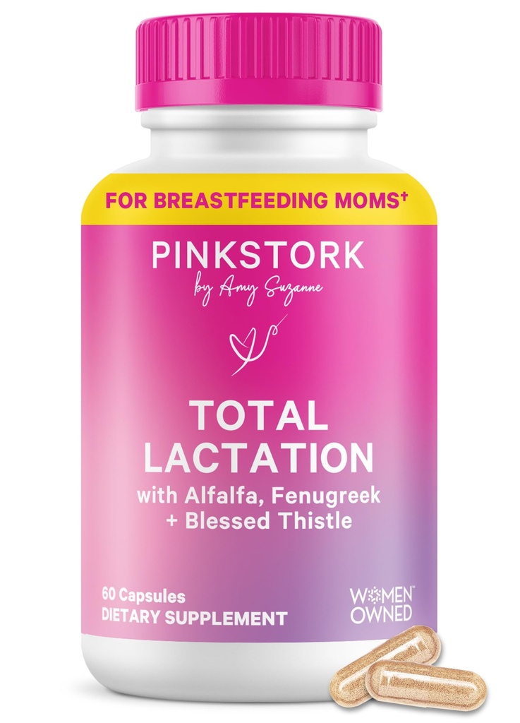 Pink Bocian Total Lactation Supplement for Breast Milk Supply, Organic Fenugreek and Alfalfa to Support Breesting, Milk Flow, and Production, Postpartum Essentials - 60 kapsułki