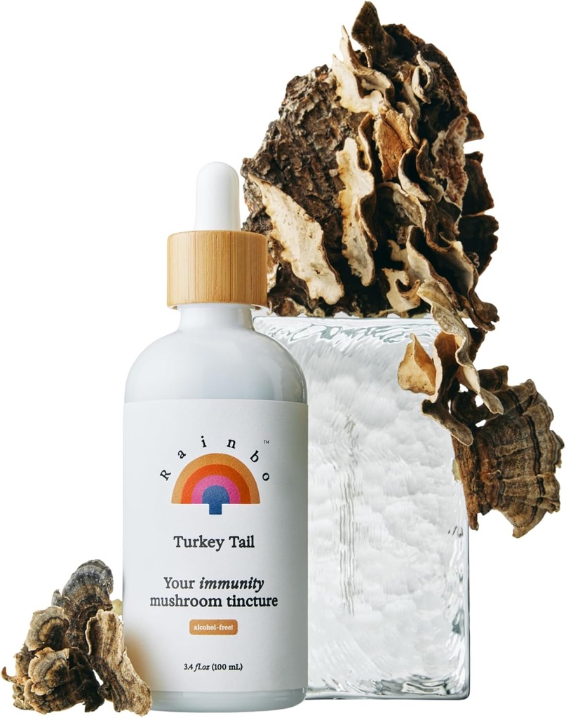 Rainbo - Turcja Grzyb ogonowy nalewka - Alkohol wolny - Dual Extract Mushroom Supplement - Wsparcie immunologiczne, Gut Health, Liquid Turkey Tail Supplement, Wegan, Non GMO, 3.4 fl oz