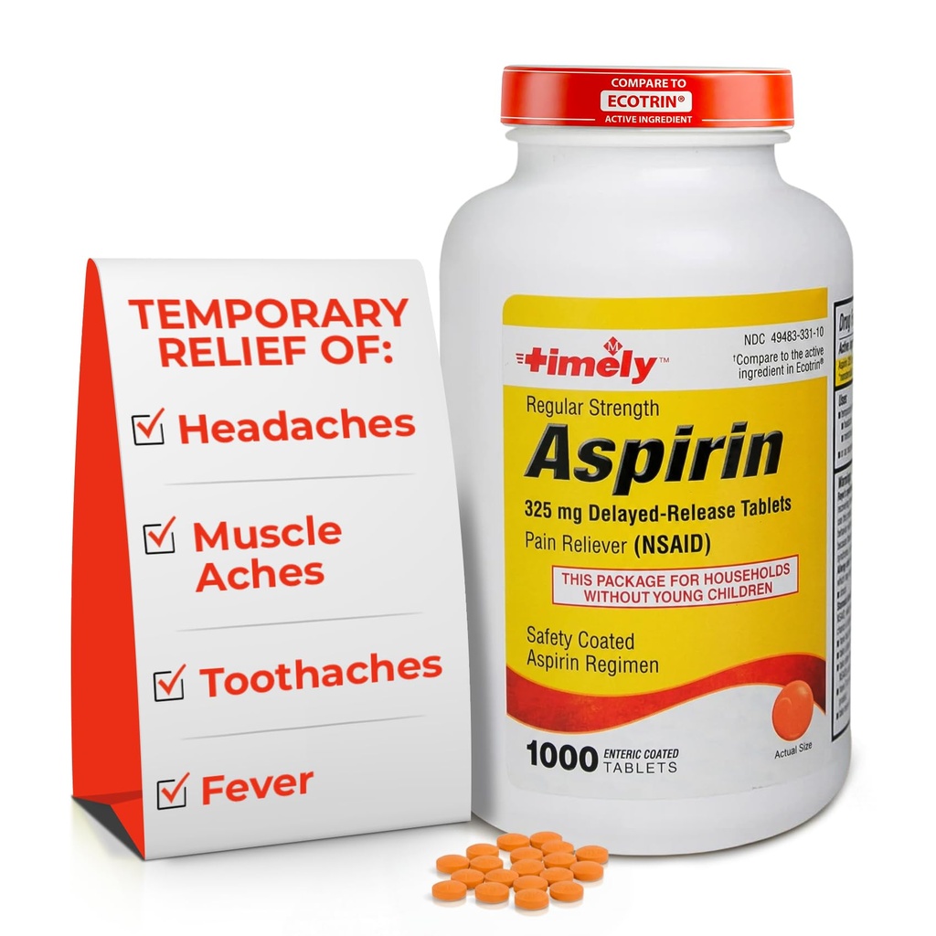 LABS TYME- CAP, INC. Czas regularnej siły Aspiryna 325mg - 1000 Enteric Coated Tablets - Reliever Pain for Minor Aches and Pains, Fever Reducer - Made in USA