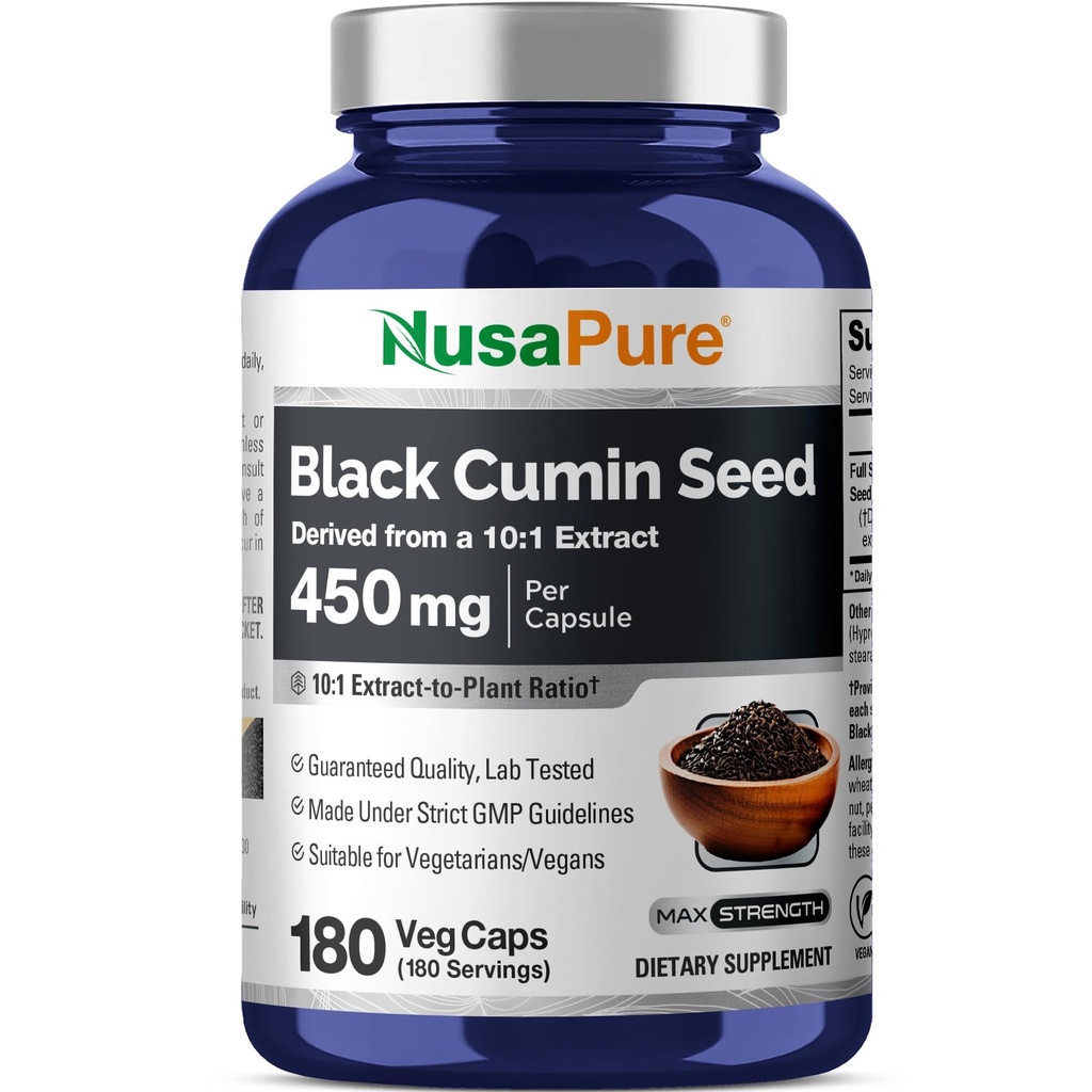 NusaPure Full Spectrum Black Cumin Seed 10: 1 Extract, 450 mg Equivalent to 4,500mg 180 Veggie Powder Caps Non-GMO, Vegan Non-Oily