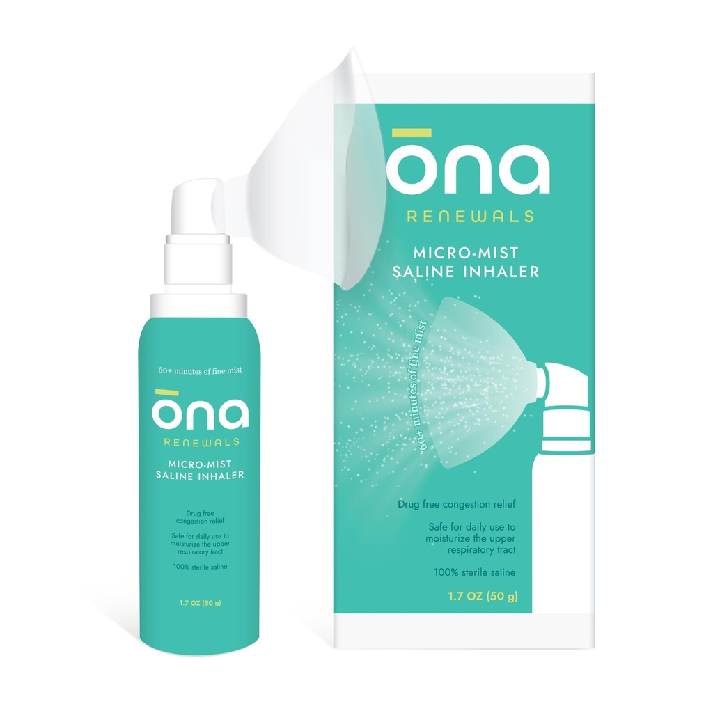 ONA Odnowienie Saline Mist Mist Nasal Inhaler, Odporność na przekrwienie dla dorosłych, zimno i grypa, Alergia, Sinus Relief, Niezapalony, 1.7oz