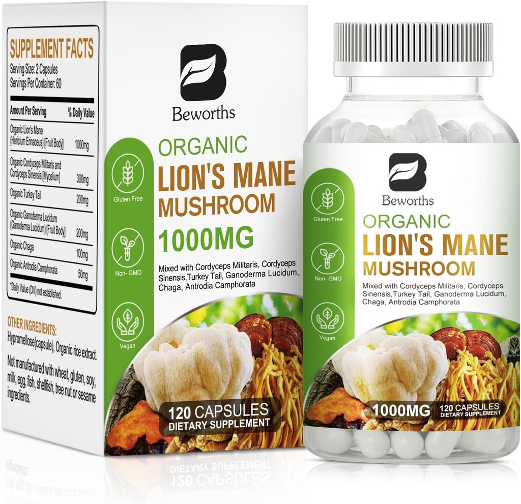 Lion 's Mane Mushroom - 120 Kapsułki do 124; Organic Lions Mane Turkey Tail Mushroom Supplement Complex 124; Cordyceps, Chaga, Turcja Tail, Reishi do 124; Mental Clarity, Focus Memory, Mózg i Immune Boost