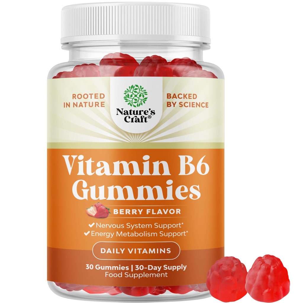 Silne gumki witaminy B6 dla dorosłych - Silne suplementy witaminy B dla mężczyzn i kobiet dla układu nerwowego i układu immunologicznego - Vegan Pyridoxine Chews for Energy & Metabolizm - 30 Ct