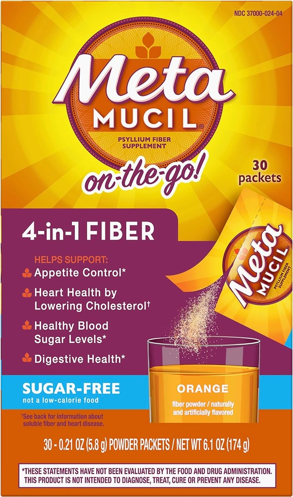 Metamucyl Fiber 4- in-1 Pzyllium Fiber Supplement Supplement Sugar-Free Powder Single- Serve Pakiety pomarańczowy napój zapachowy 2 Pudełka po 30 Pakiety (OLD)
