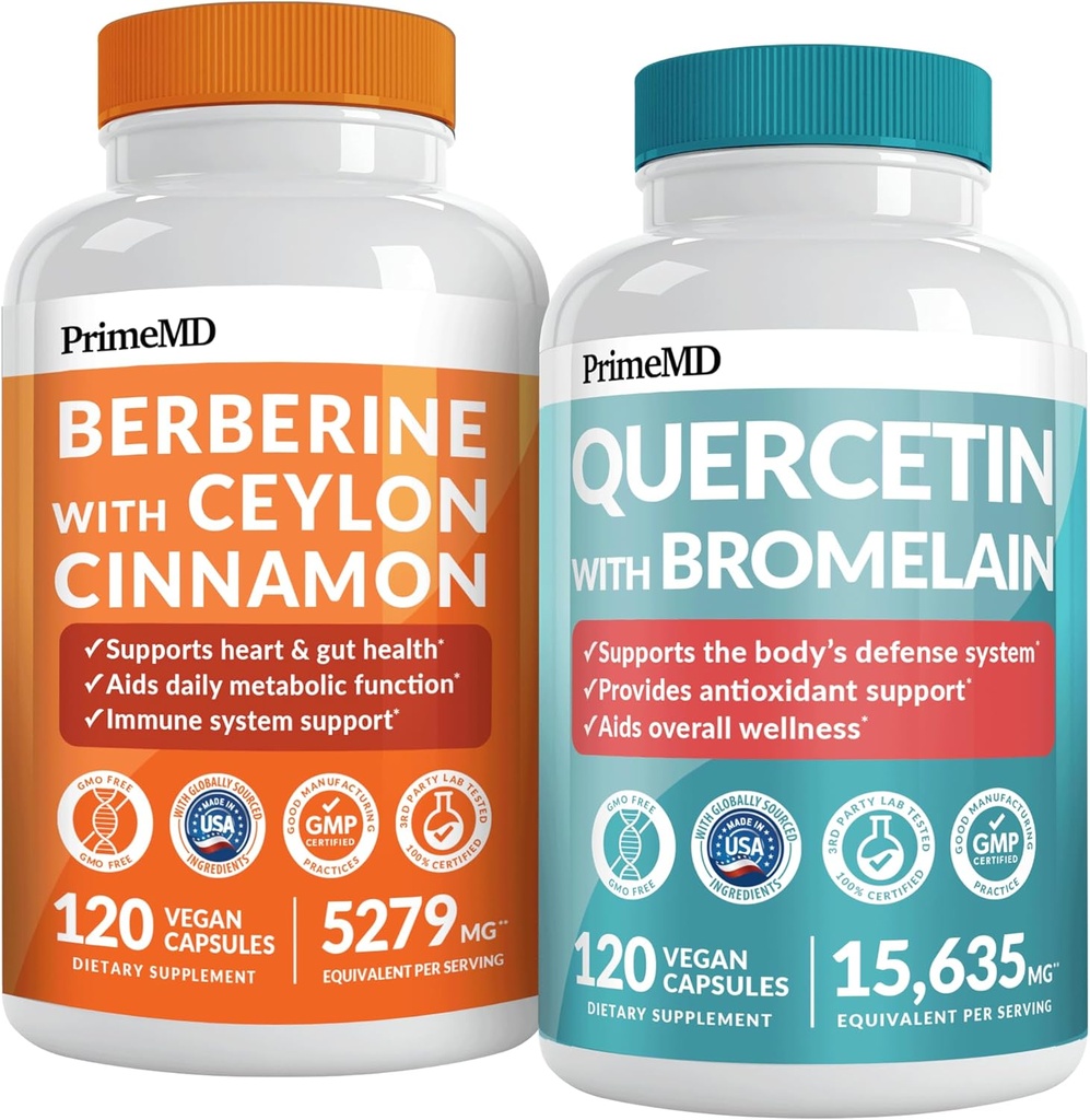 21- in-1 Berberine Supplement with Ceylon Cynamon Chromium, Bitter Melon and Green Tea Extract (120 ct) & 28- in-1 Quercetin with Bromelain Supplement for Immune Defense Support (120 ct)