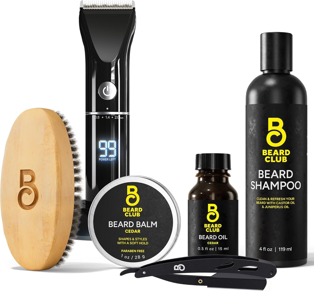Beard Club Grooming Bundle: Trimmer for Men & Care Kit - obejmuje Cordless Electric Trimmer, Straight Edge Razor, Shampoo, Cedar Balm & Oil, Brush - 8 Przewodników, 45 Lengths
