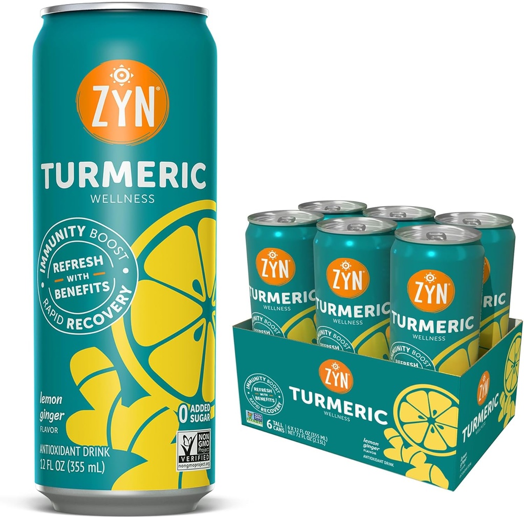 ZYN Turmeric Wellness Drink (6 Pack), Lemon imbir aromatyczny kurkumina napój z czarnego pieprzu, bez dodanego cukru, niskie węglowodany i niskokaloryczny napój, czysta alternatywa
