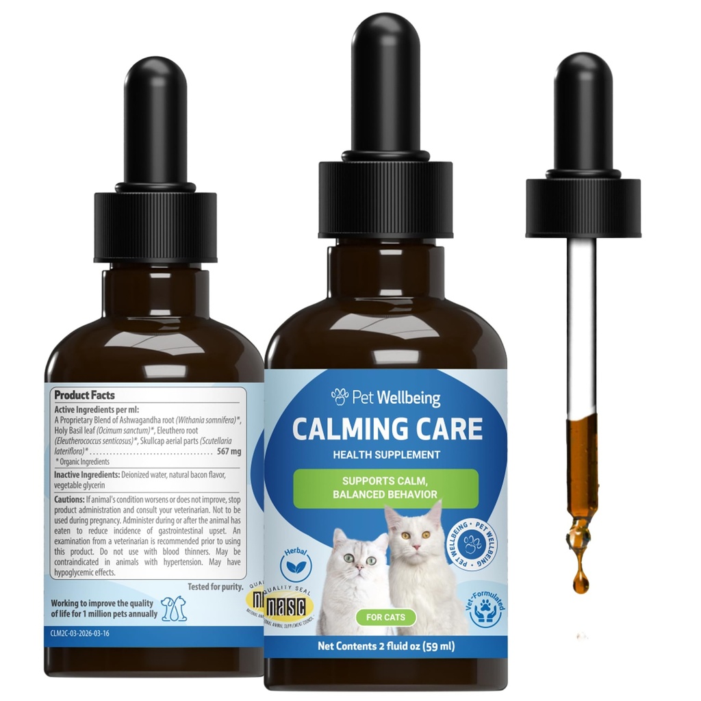 Opieka nad kotami - wsparcie behawioralne - Wsparcie dla Stresu Feline, Wellness Emocjonalne - Ashwagandha & Święty Basil Adaptogen - Holistyczne Supplement Cat 2 oz (59ml)