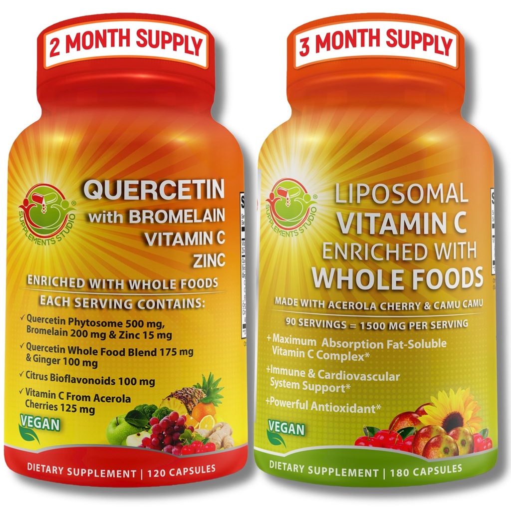 Quercetin z bromelainą, witaminą C & cynk i witaminą liposomalną C 1500mg - Immune Support Bundle z organiczną Acerola Cherry, Camu Camu & Whole Food Antioksydants - Wegan, Non-GMO, Czysty etykieta