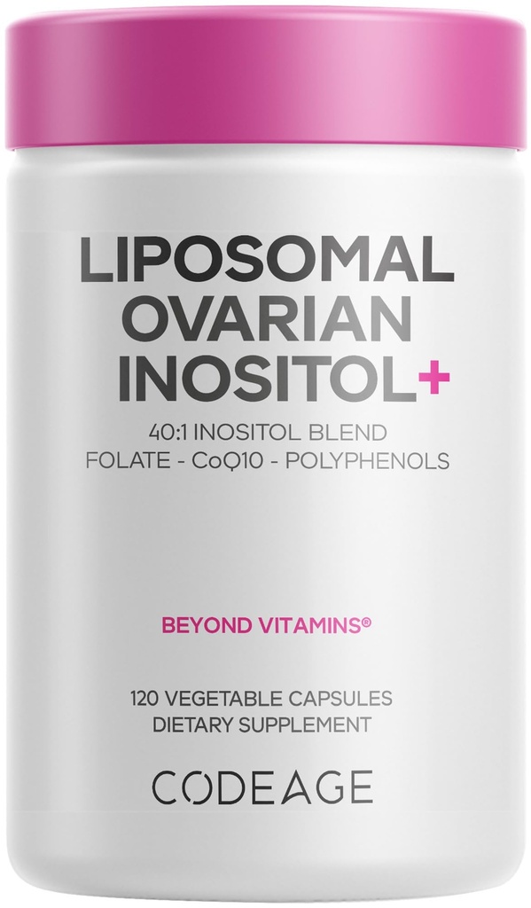 Codeage Liposomal Ovarian Inositol + Suplement - Myo- Inositol & D- Chiro- Inositol 40: 1 Mieszanka, Folate 5- MTHF, CoQ10, Pomegranat & Wild Blueberry, Liposomal Delivery, Non-GMO, Gluten- Free - 120 Kapsułki