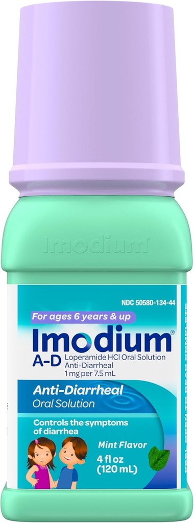 Imodium A- D Liquid Anti- Diarrheral Medicine dla dzieci z chlorowodorkiem loperamidu, roztwór doustny do leczenia objawowego i kontroli objawów biegunki dla dzieci w wieku 6 +, Mint Flavor, 4 fl. oz