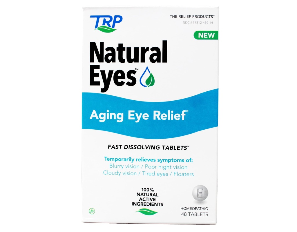 The Relief Products Natural Eyes Aging Eye Relief - 100% Natural Active Ingredients - Szybkie rozpuszczanie tabletek dla zdrowia oczu, Biedna wizja nocy, Zmęczone oczy, Suchość i Zaczerwienienie 48Ct