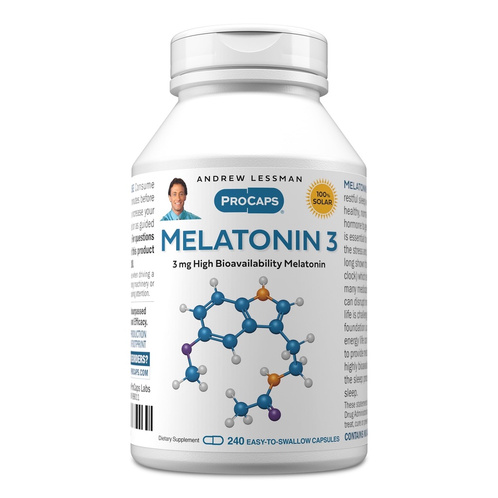 ANDREW LESSMAN Melatonin-3 mg - 240 kapsułek - Fizjologicznie zrównoważone poziomy do naturalnego promowania niespokojnego snu. Reguluje codzienny rytm kręgowy. Ułatwia sen. Brak porannego kaca