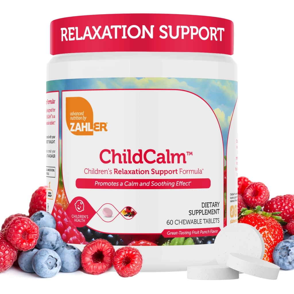 Zahler ChildCalm, Kosher Fruit Punch do żucia Magnez dla dzieci - Naturalny spokój, Wsparcie nastrojów i relaks - Uspokojenie dzieci suplement magnezu dla dzieci Magnez, 60 tabletek