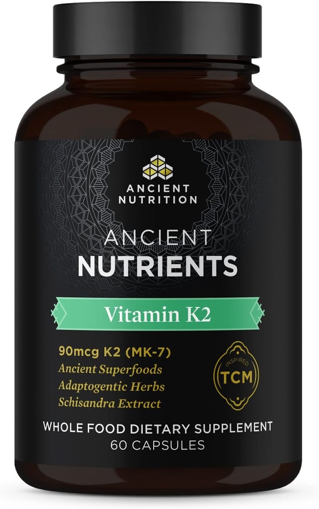 Ancient Nutrition witaminy K2 Suplement, K2- 90mcg K2, Zioła adaptacyjne, Aktywowane enzymy, Wspomaga funkcje sercowo-naczyniowe, Paleo & Keto Przyjazny, 60 Kapsułki