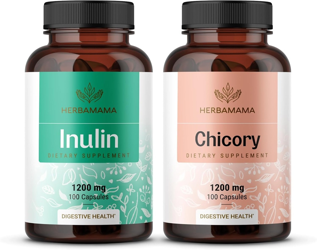 HERBAMAMA Inulina i Chicory Kit - Zestaw 1200 mg Inuliny Fiber & 1200 mg Chicory Korzeń Kapsułki - Wegan, Non-GMO, Żelatinl - wolne - 2 opakowania