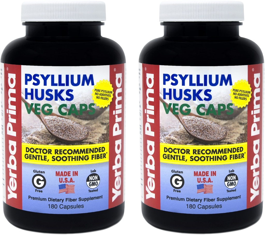 Yerba Prima Psyllium Husks Veg Caps - 180 Count (2 Pack) (625mg) - Vegan, Non- GMO, Gluten Free, Colon Cleanser, Codzienne Fiber Supplement for Gut Health & Regularność