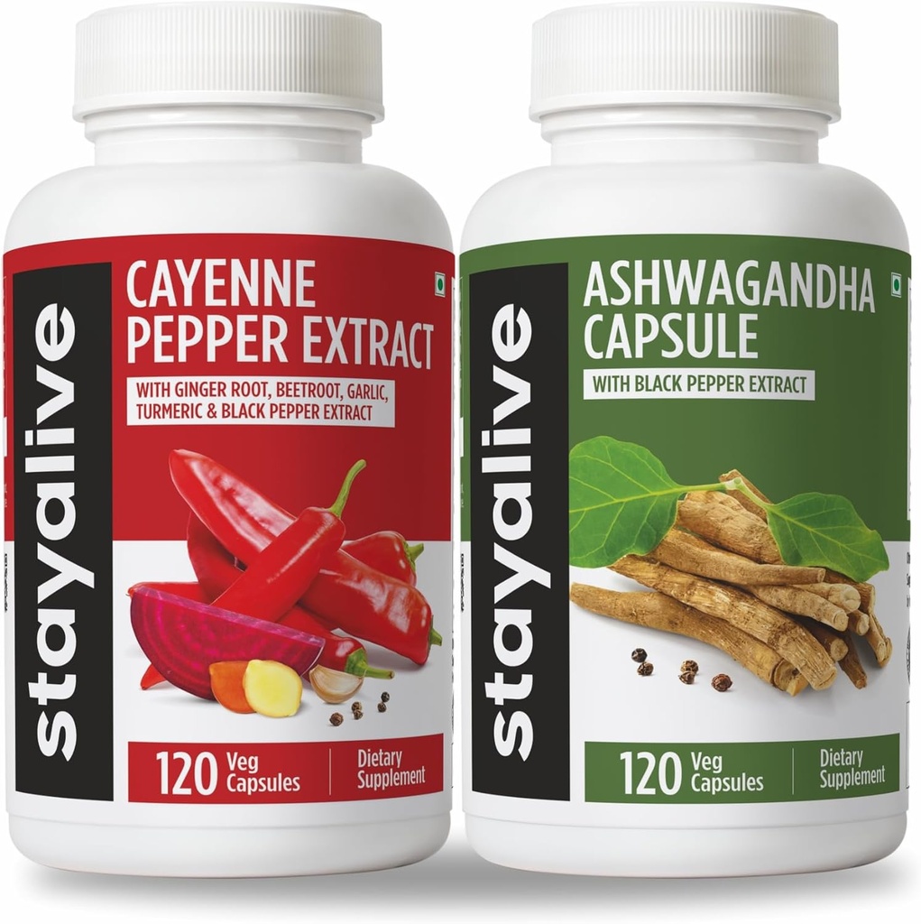 STAY ALIVE Cayenne and Ashwagandha Bundle w / Black Pepper Extract Capsules, 240 Vegan Pills, Non- GMO & Gluten Free Ashwagandha Cayenne Pepper Supplement