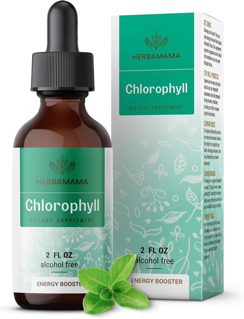 HERBAMAMA Chlorophyll Liquid Drops - Vegan Chlorophyllin Extract for Detox & Cleanse - Non-GMO, Alkohol & Suplement przeciwutleniający bez cukru do immunologicznego wsparcia, 28-Day Supply