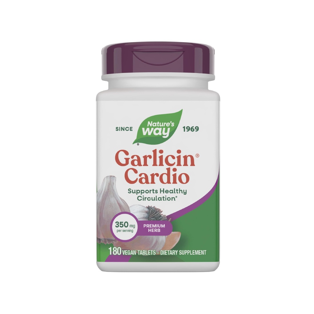 Nature 's Way Garlicin Cardio, Premium Herbal, Wspiera zdrowe krążenie *, Brak smaku czosnku, Wegańskie suplementy czosnku, 180 Tabletki (Opakowania maja Vary)