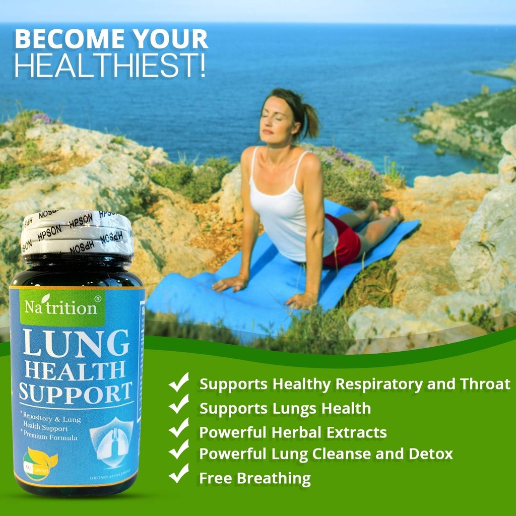 Na 'trition NATRITION Lung Supplement Supplement - Lung Health Natural Supplement for Men and Women - Lepszy suplement płuc z witaminą C, cynku, Quercetin i proszku imbirowego - 60 kapsułki