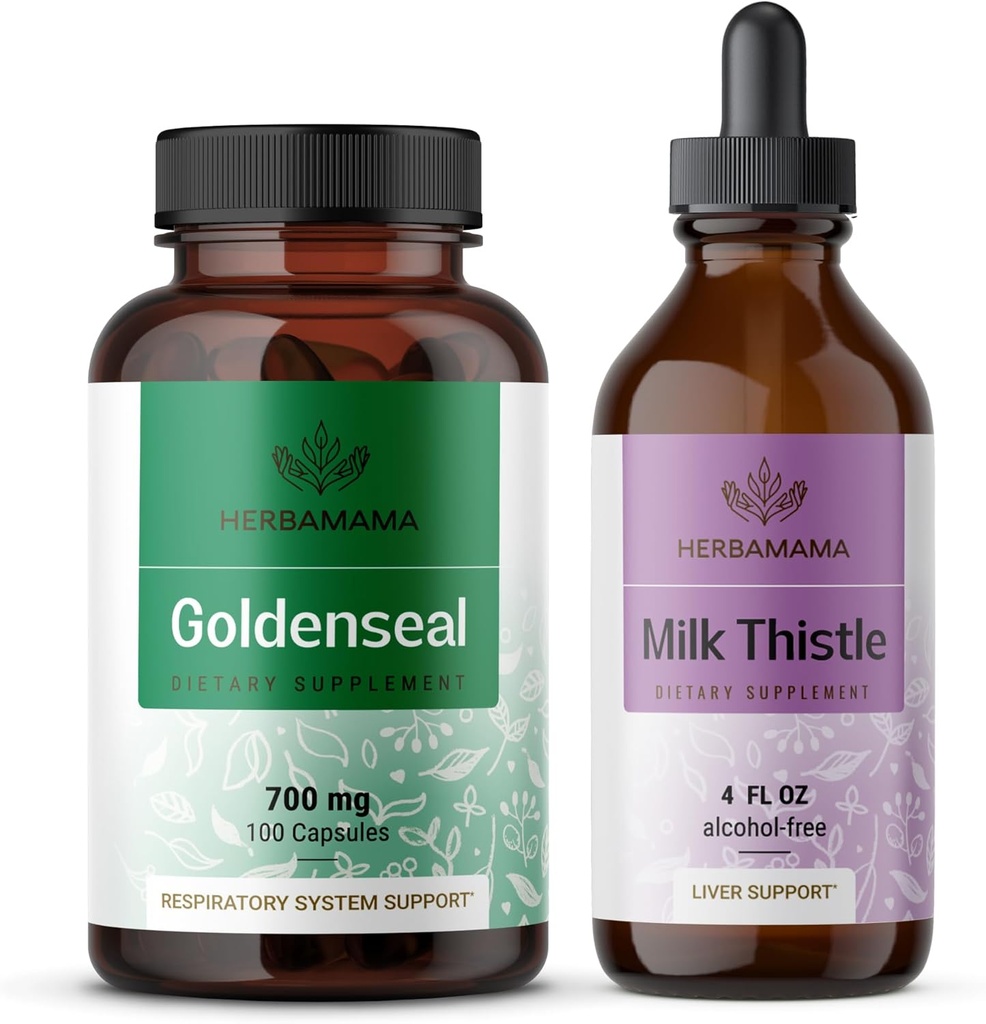 HERBAMAMA Goldenseal and Milk Thistle Kit - Bundle of 700 mg Goldenseal Root Capsules and Milk Tistle Tincture 2 fl oz - Vegan, Non-GMO, Sugar & Alcohol- Free - 2 Pack