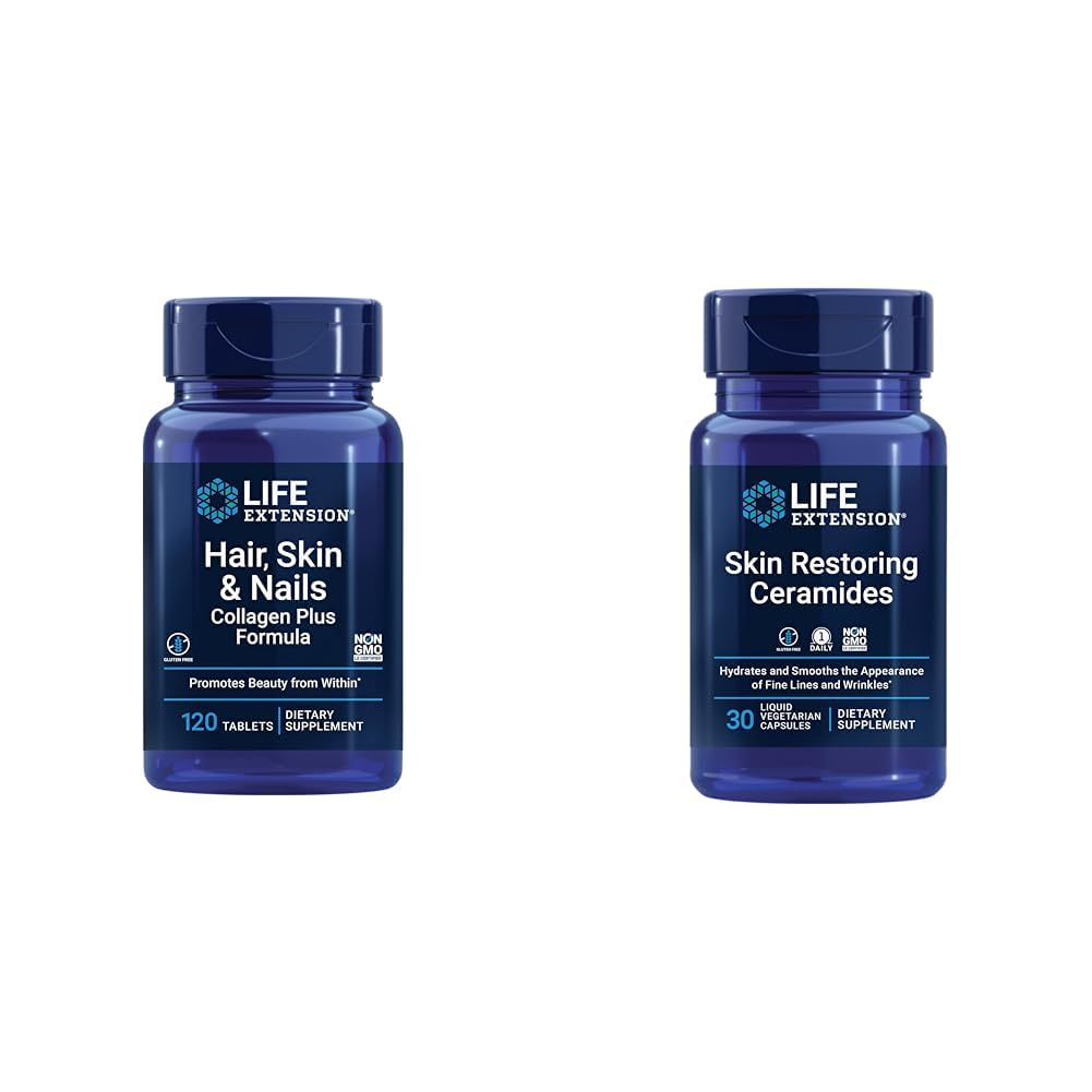 Przedłużenie życia Włosy, Skóra i paznokcie Collagen Plus Formuła 120 Count & Skin Przywracanie Ceramidy 30 Płynne kapsułki wegetariańskie