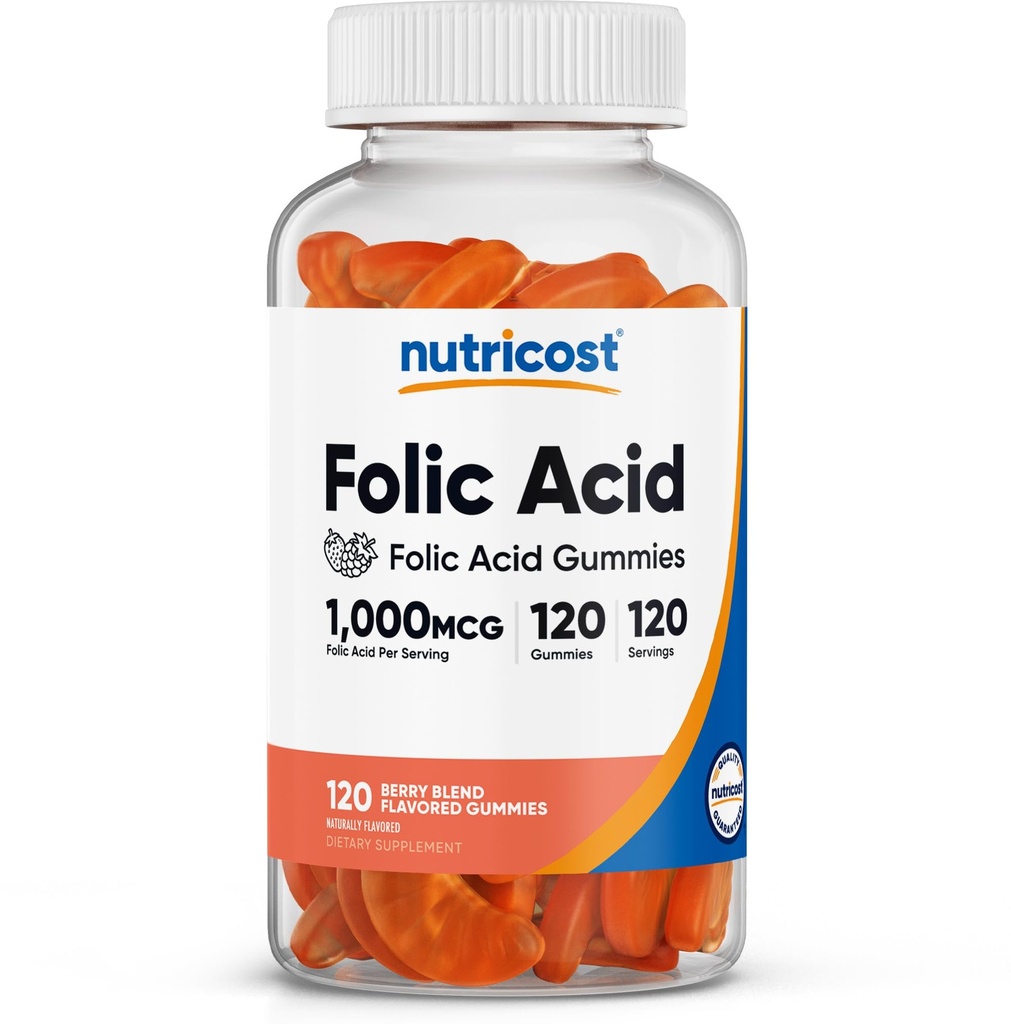 Nutricost Folic Acid (Witamina B9) Gummeje wegetariańskie (120 Gummei, 1 mg kwasu foliowego na porcję) - Suplement dla mężczyzn i kobiet