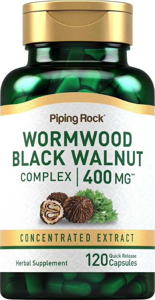 Piping Rock Wormwood Black Walnut Kapsułki 400mg Xiv124; 120 Count Xiv124; Herbal Extract Complex Xivy124; Non- GMO, Gluten Free Supplement