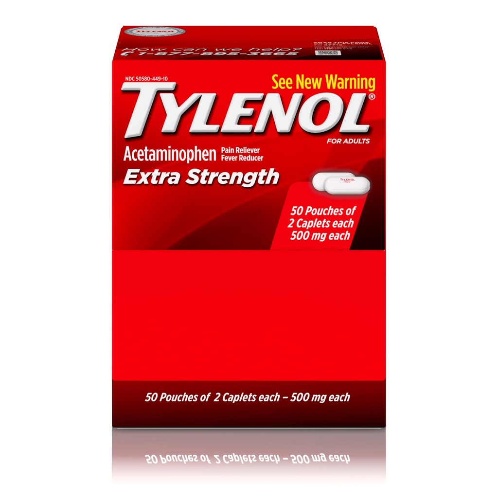 Tylenol Dodatkowa siła Acetaminofen Caplets, 500 mg, Ból Relief & Gorączka Reduktor na ból głowy, Ból pleców, zęba, Kurcze menstruacyjne & Ból, Przyjazne do podróży opakowania, 2-Caplet Pouches, 50 Count