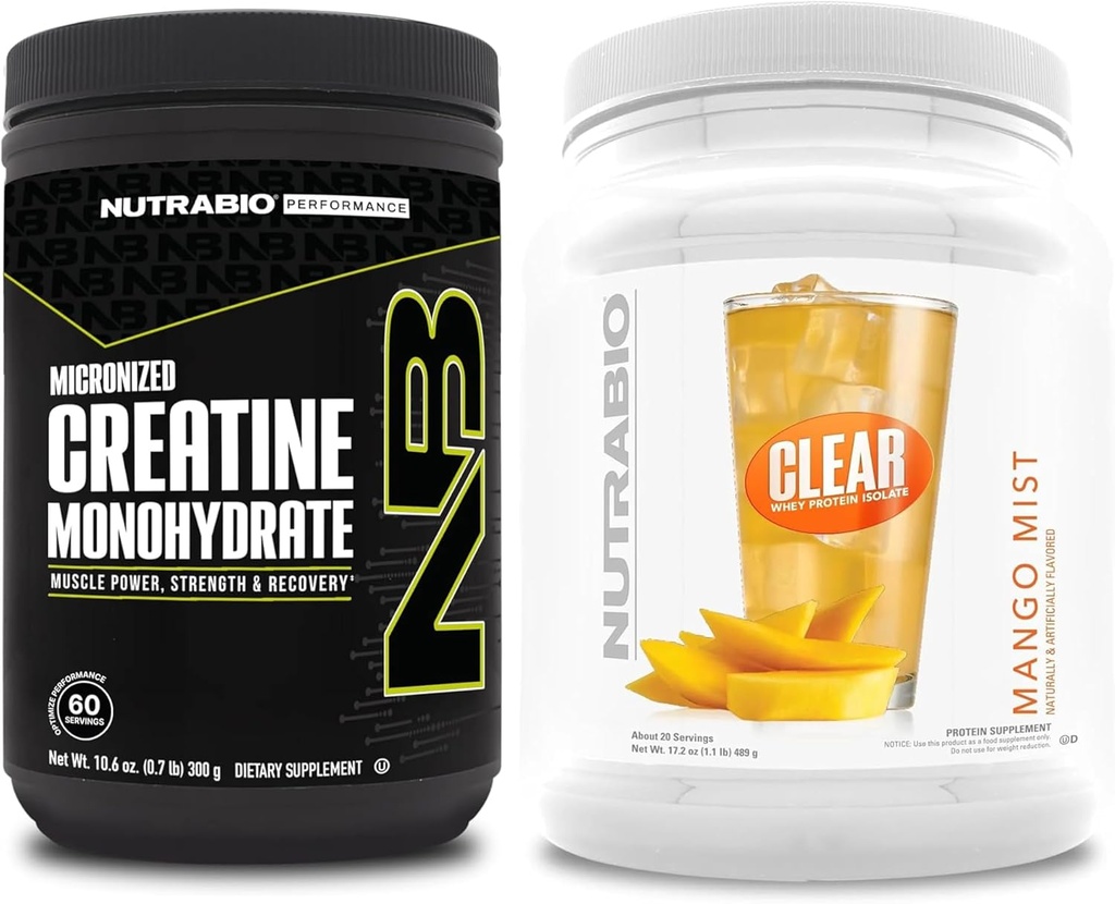 Monowodzian NutraBio Creatine, Nieflawored, (300 g) i Clear Whey Protein Isolate, (Mango Mist) Suplement Bundle - Energia mięśniowa, Maksymalny wzrost, Odzysk i Siła