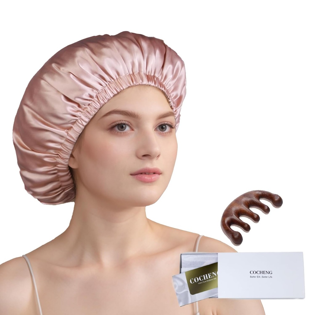 100% Jedwabny Bonnet dla Śpiących Kobiet Długie Włosy - Dwuwarstwowa Czapka Sen - Jedwabny Bonnet Sen z elastycznym Stay On Head (różowy, duży)