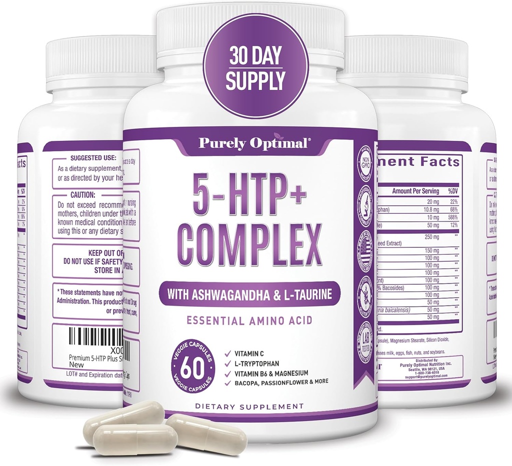 Premium 5- HTP Plus Suplement 250mg Maksymalna moc - Pomoc na sen, Boost nastrojów, Promotes Recall & Relaxation, Wsparcie zarządzania stresem - Wzmocnione Witaminą B6, Gluten Free, Non-GMO, 60 Czapki Veggie