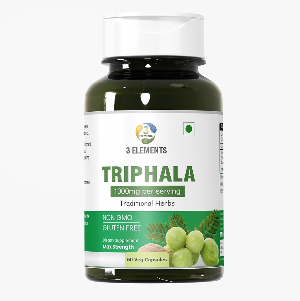 3 elementy Triphala 1000mg I 60 Kapsułki do codziennego detoksykacji, Oczyszczanie, & Odmładzanie, Przeżywanie i Wsparcie Colon, Wsparcie układu immunologicznego, Adaptogen, Dense odżywczy, Wegan, Gluten- Free