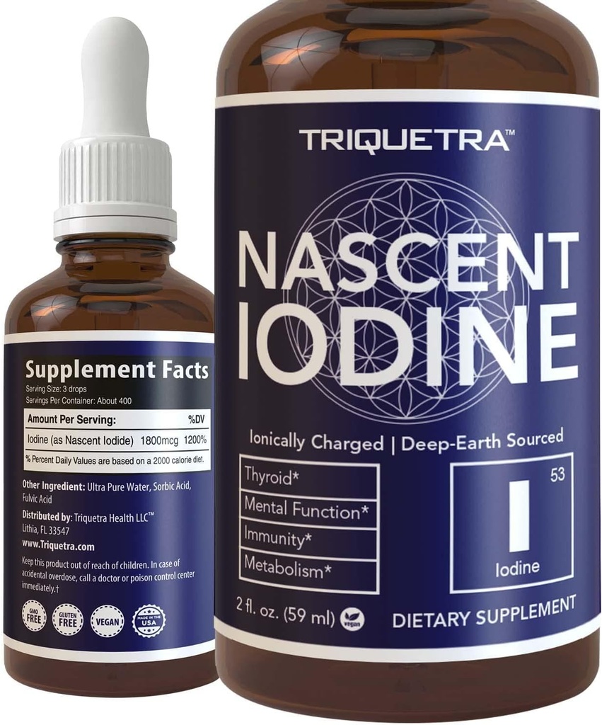 Nascent Jod Supplement 400 Słupki, Butelka szklana, Wegan, 1800 mcg - 600 mcg na kroplę - Czysty, Czysty kolor - Wspiera zdrowie tarczycy, Energia, Immunitet & Metabolizm (2 oz.)
