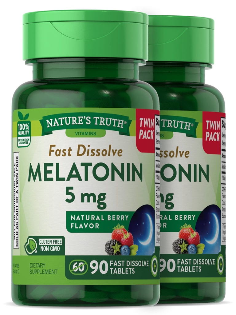 Nature 's Truth Melatonin 5 mg XI124; 180 Szybko rozpuszczone tabletki (2 X 90 Twin Pack) XI124; Natural Berry Flavor XI124; Wegetarianin, Non-GMO, Gluten