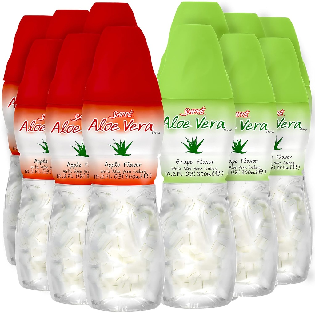 Sok z Aloe vera (winogrona i jabłko) Aloe vera napój z większych kawałków czystej masy aloesowej (12 opakowań) Sok roślinny świetnie nadaje się do nawilżenia i zawiera dużą pulpę aloesową. Sok Aloe vera jest zdrowy.