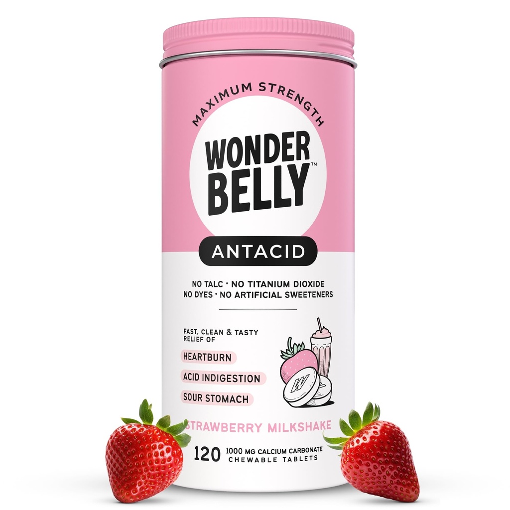 Wonderbeble Antacid, Effective Heartburn and Instant Acid Infersition Relief, Extra Force Chewable Tablets, 1000 mg Carbonian wapnia, No Talc lub Dye, Truskawki Milkshake, 120 Count