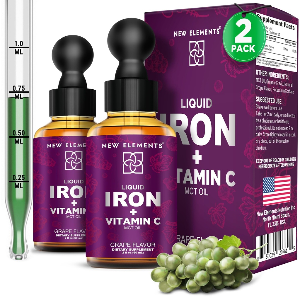 [2 wyróżnia się] Płynny suplement żelaza z witaminą C - 18 mg żelaza i 50 mg witaminy C na wsparcie niedokrwistości - Blood Builder Drops for Women & Men - Szybka absorpcja, zwiększa energię i odporność - Wegan, Non-GMO
