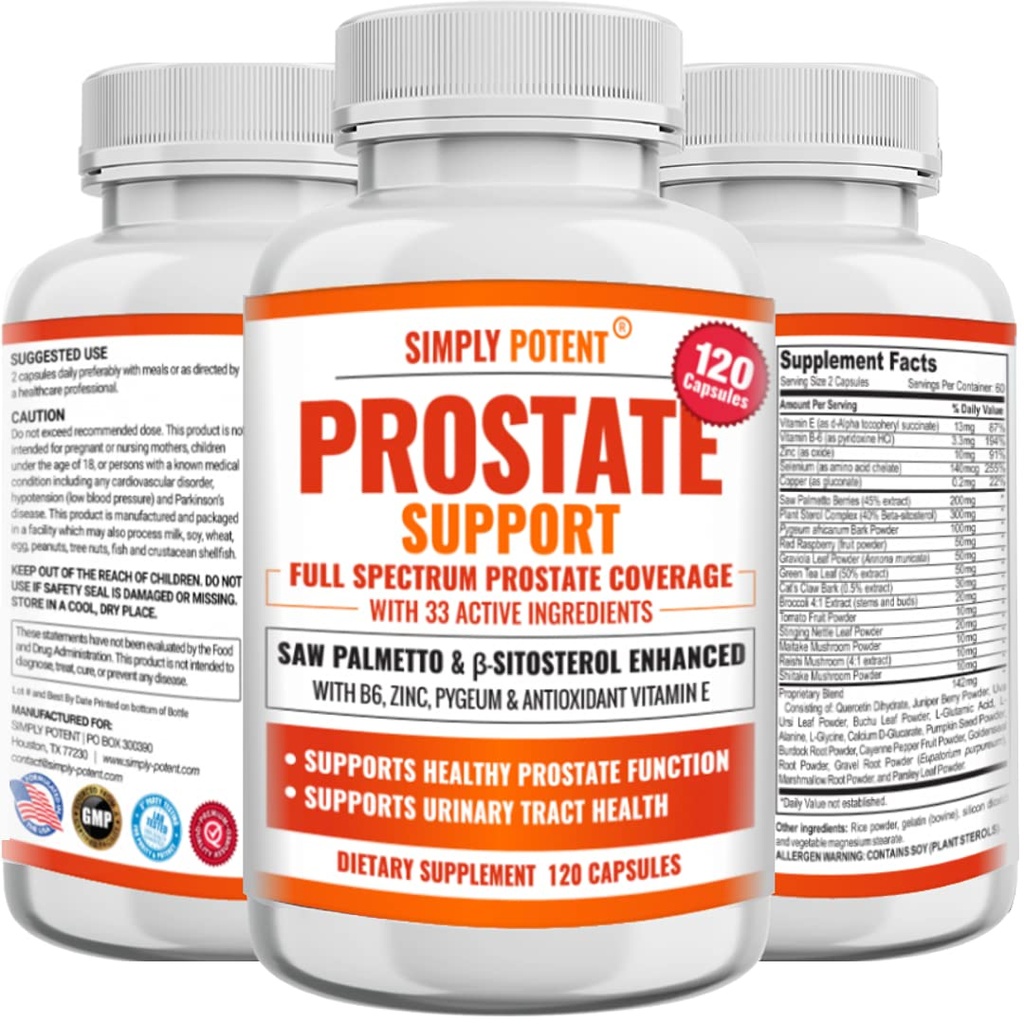 Prostate Supplements for Men (120 Kapsułek), Saw Palmetto Prostate Health Support - 33 Vitamin & Herbs - Beta Sitosterol Plus B6, Selenium & Cynk for Healthy Urnation Frequency & Flow & Proper Sleep