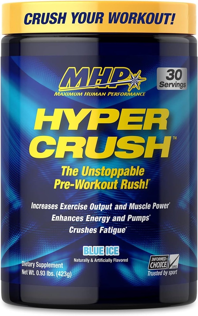 Maximum Human Performance MHP HYPER CRUSH Pre Workout energy drink kreatyna beta alanina tlenek azotu pompa cytrulina AKG 30 Służenia, niebieski lód, 14.88 Ounce