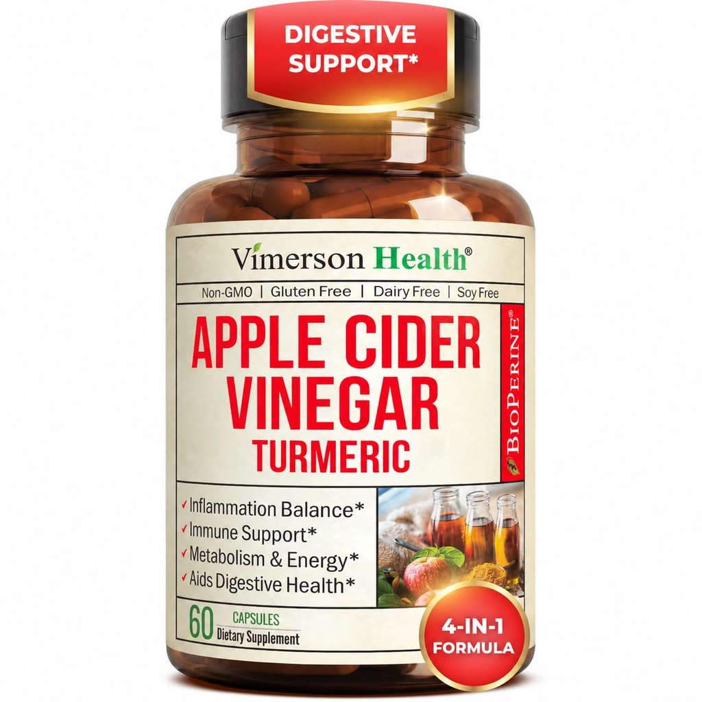 Organiczne jabłko cydr Ocet z kurkuminy suplement & Ginger dla zdrowia trawiennego, Metabolizm, Energia & Wspólne wsparcie - Organic Turmeric & Apple Cider Ocet kapsułki. 60 Vegan Non-GMO Czapki