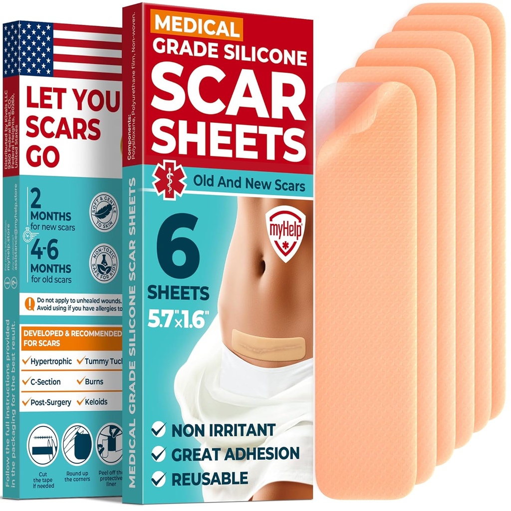 Medical Grade Silicone Scar Sheets - 6pk (5.7 "x1.6") - Widoczna różnica w znakach chirurgicznych i keloidowych - wielokrotnego użytku C- Section Scar Silicone Strips - Łatwe w użyciu Strips