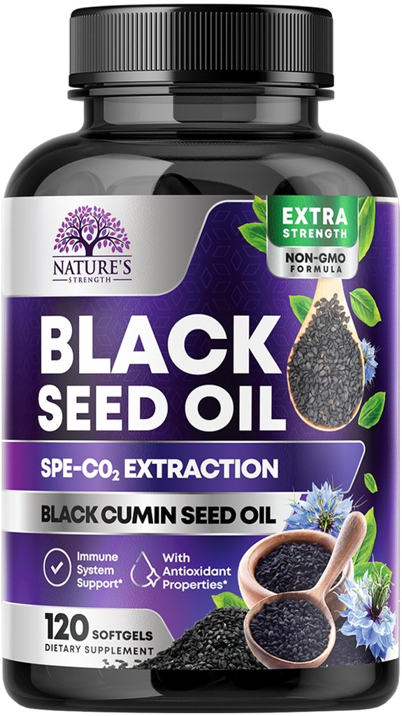 Black Seed Oil kapsułki 1000mg z Thymoquinone - Czysty Nigella Sativa dla zdrowia skóry i wsparcia immunologicznego, 100% olejek z nasion seedu, niesamowite ekstrakcja nad zimno wyciskane czarny komin nasiona - 120 Softgels