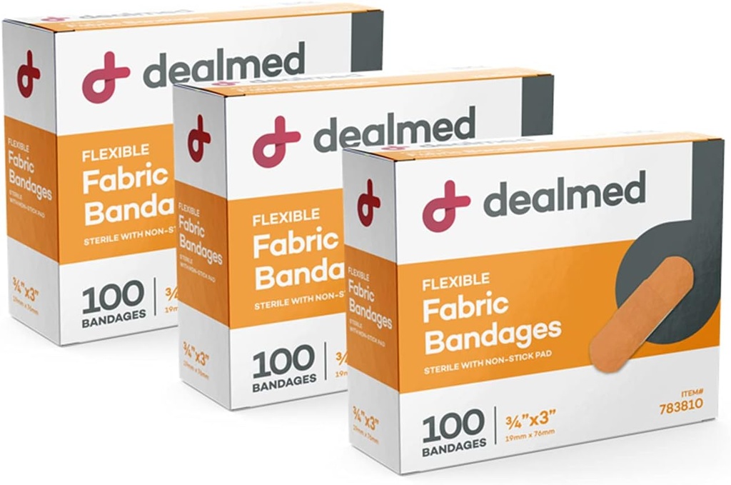 Dealmed Fabric Elastyczne opatrunki adhezyjne - 100 Hrabia (3 Pack) Bandaże z Non-Stick Pad, Latex Free, Opieka nad ranami dla pierwszego zestawu pomocy, 3 "x 3 / 4"