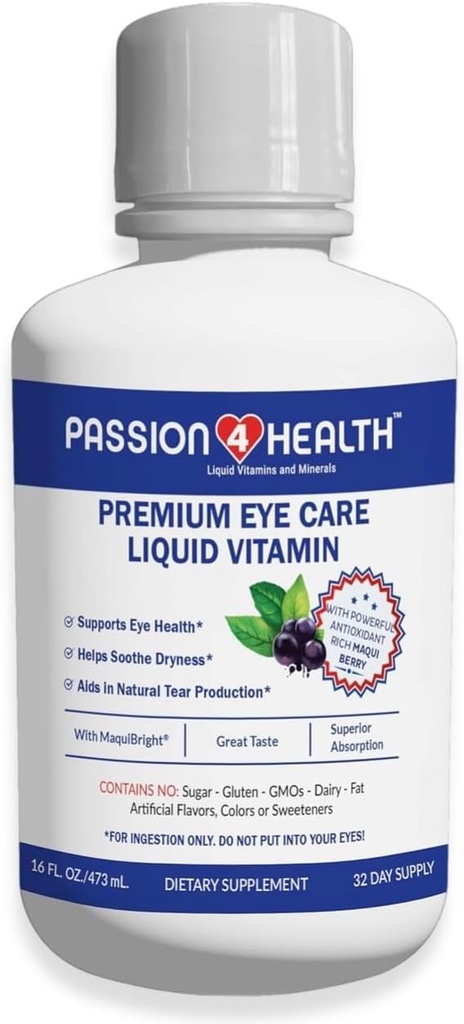 Passion 4 Health Liquid Eye Vitamins - Natural Vision & Adult Eye Care Supplement - Premium Support with Maqui Berry Extract, Gluten-Free, Non-GMO, No Sugar - 30-Day Supply, Made in USA