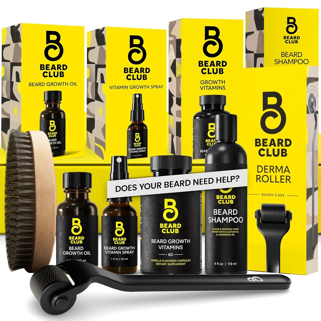 Beard Club Advanced Beard Growth Kit - Derma Roller, Olej wzrostu, Witaminy i witamina Spray, Szampon i Boar Bristle Brush - Zestaw prezentów - Cedar