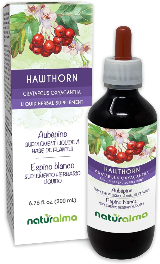 Naturalma Hawthorn (Crataegus oxyacantha) Liść i kwiat Alkohol wolny Tincture - 6.76 fl Oz Liquid Extract in Drops - Herbal Supplement - Vegan